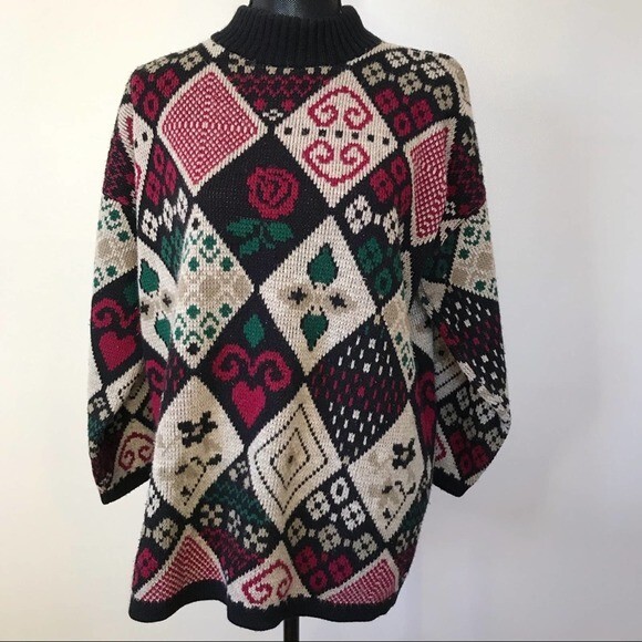 Private Eyes Sweater Vintage Rose Floral Knit Tunic Colorful Geometric Diamond - Picture 1 of 8
